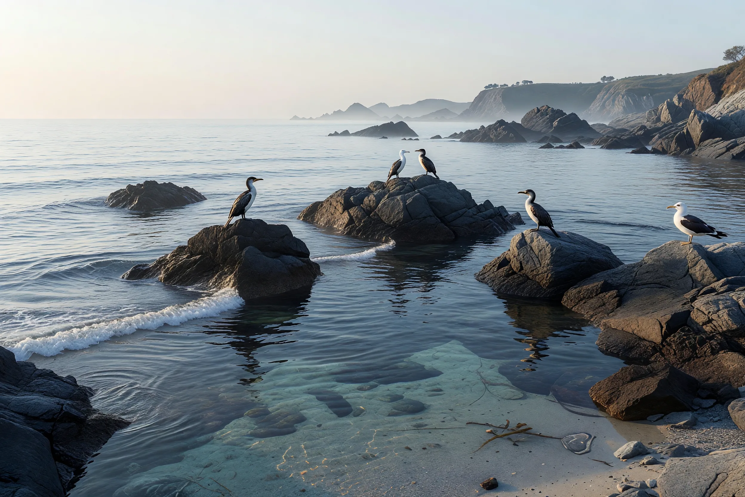 岩礁にとまる海鳥たち